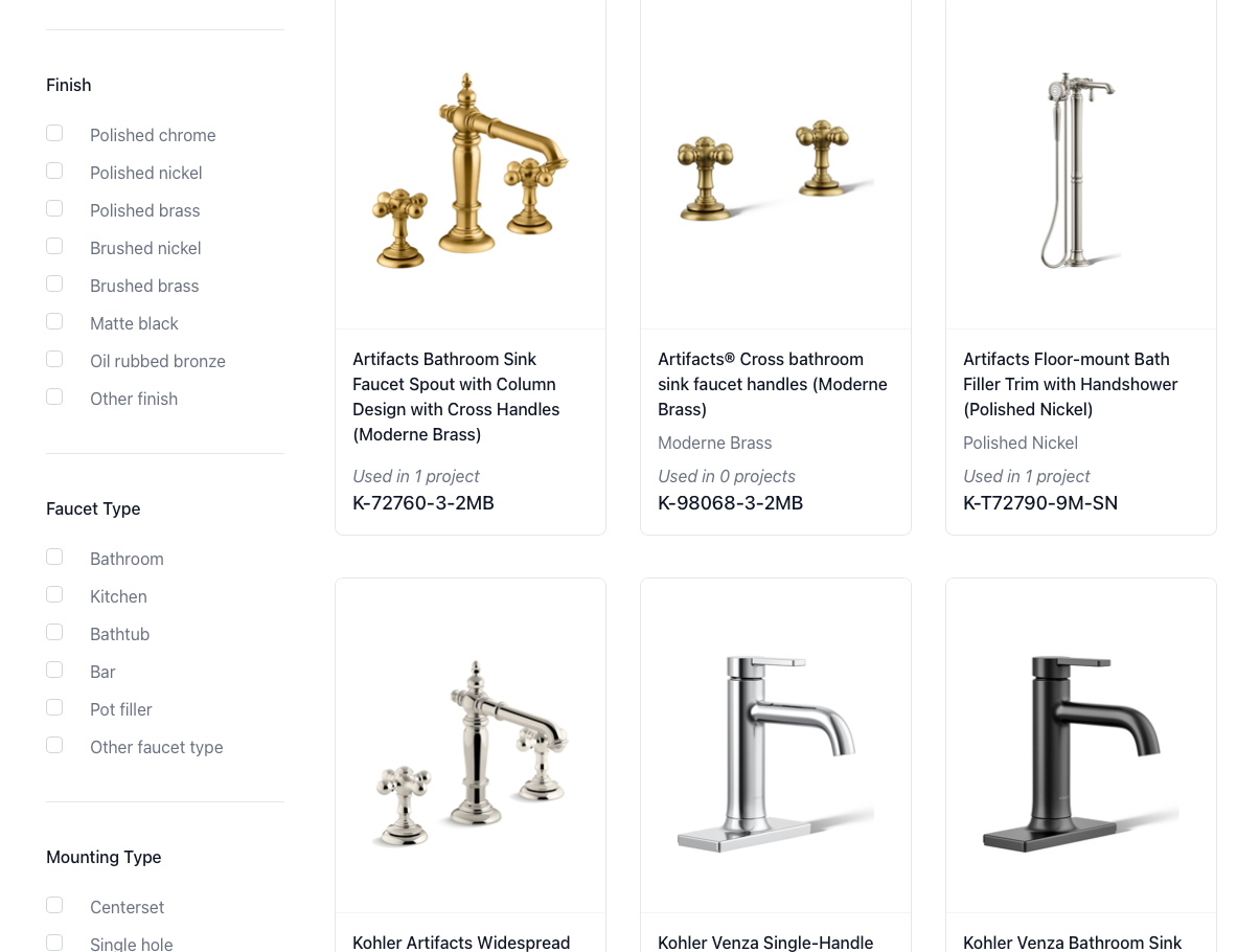 Selections library grid with product cards showing images, brands, and prices