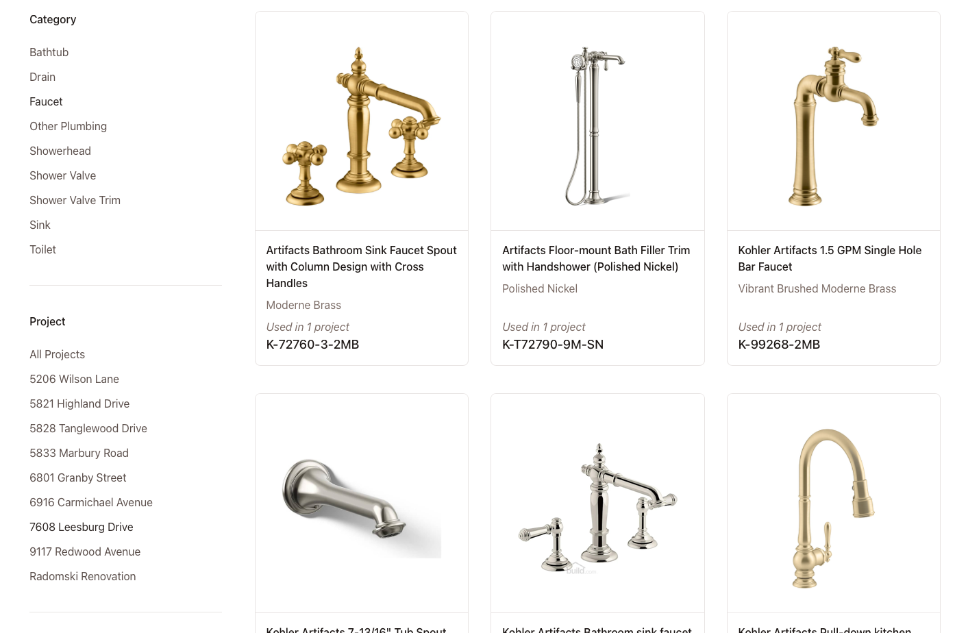 Selections library grid with product cards showing images, brands, and prices