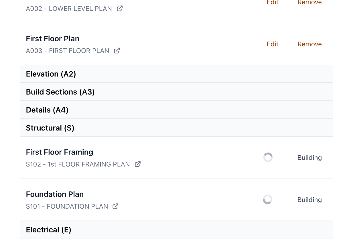 Floor plan PDF with AI-detected rooms outlined in colored boxes and labeled on the right-hand panel, showing kitchen, bath, and bedroom auto-identified