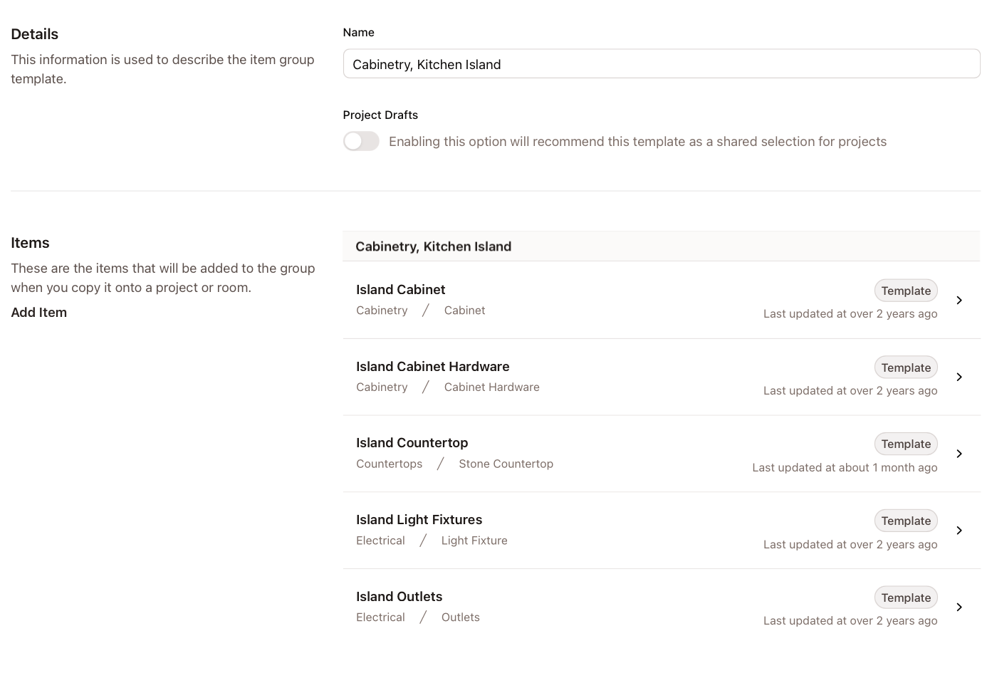 Project setup screen showing a kitchen template being applied to a room, with the items list pre-populated below