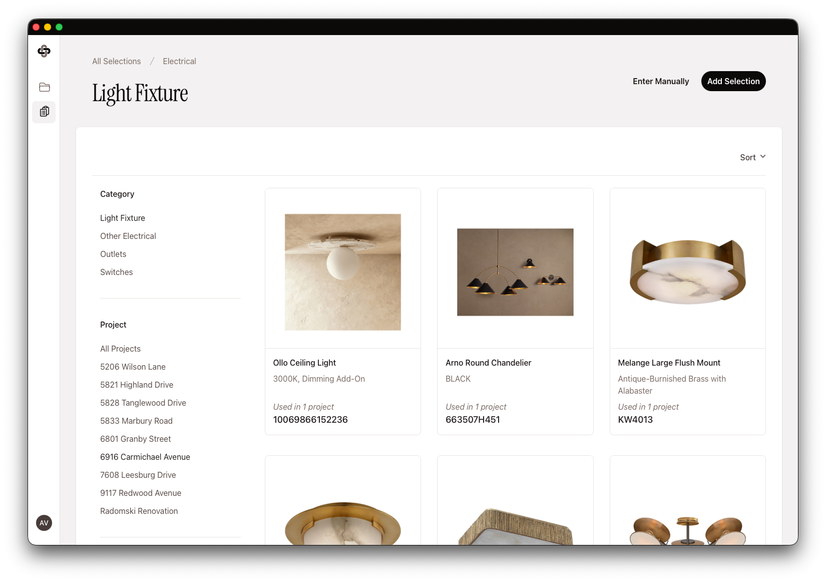 Selections library page showing a grid of product cards with images, brand names, and prices, filtered by category in a sidebar