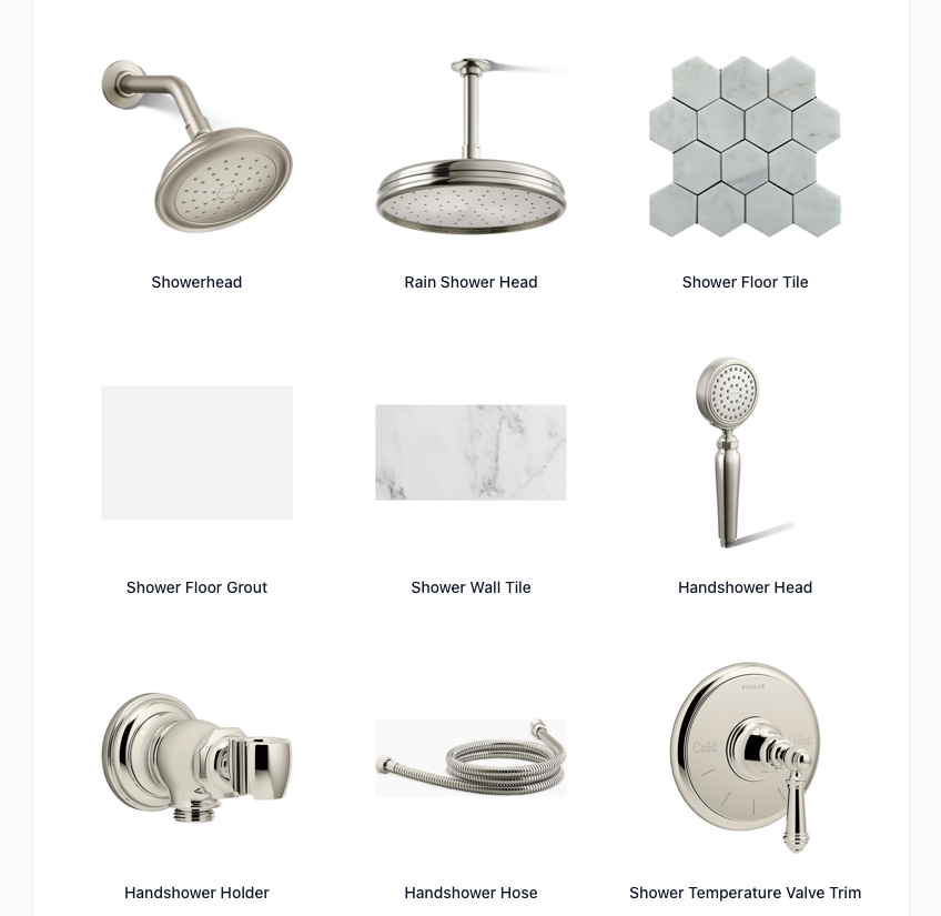 Mood board view showing a 3x3 grid of inspiration images and selected products together, with a project name at the top