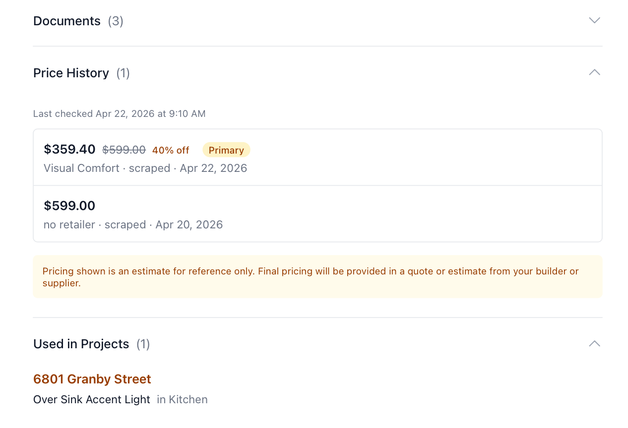 Selection detail page showing three prices stacked (trade, retail, snapshot) with a 'Check prices' button and a price-changed warning banner